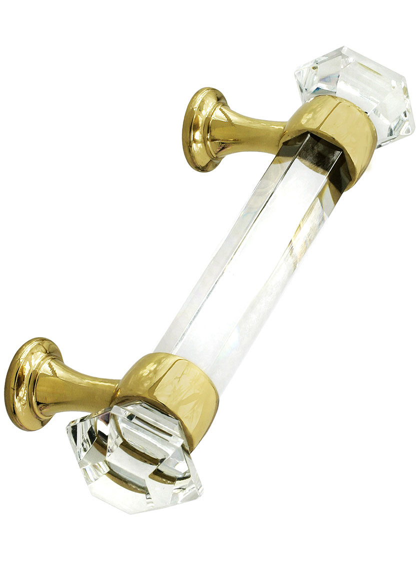 3" On Center Hexagonal Cut Glass Handle With Solid Brass Bases